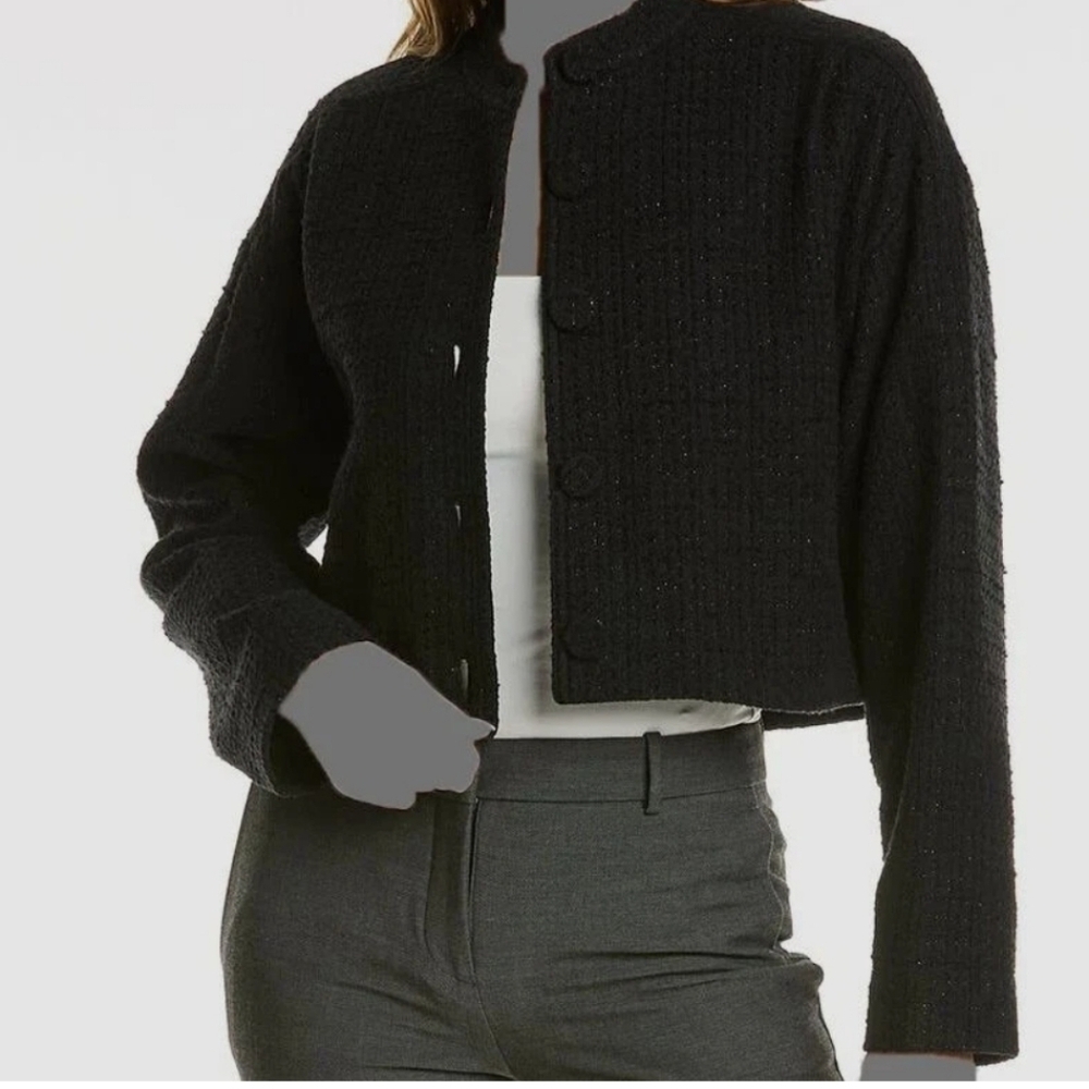 Rebecca Taylor Winter Cropped Tweed Black with Tins Jacket Size Large NWT